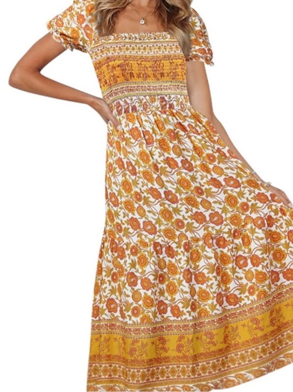 Zesica Floral Puff-Sleeve Maxi Dress in Orange and White